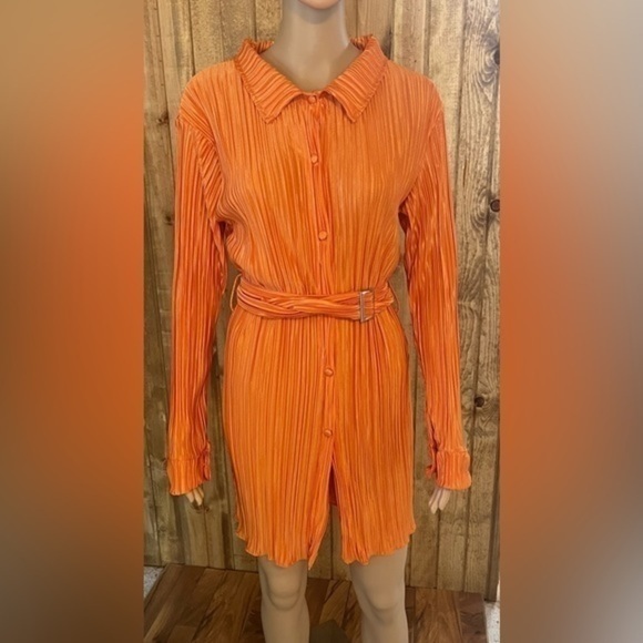 Women Pleated Long Sleeve Shirt Dress Pintuck Button Down Mini Blouse Dress - Picture 6 of 8